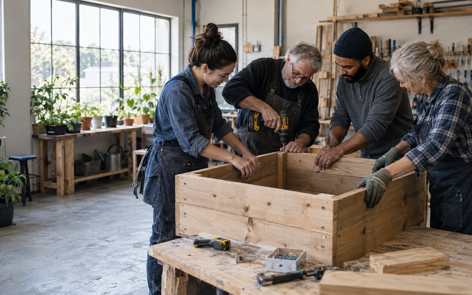 A multi-generational group building a community garden planter together in a workshop